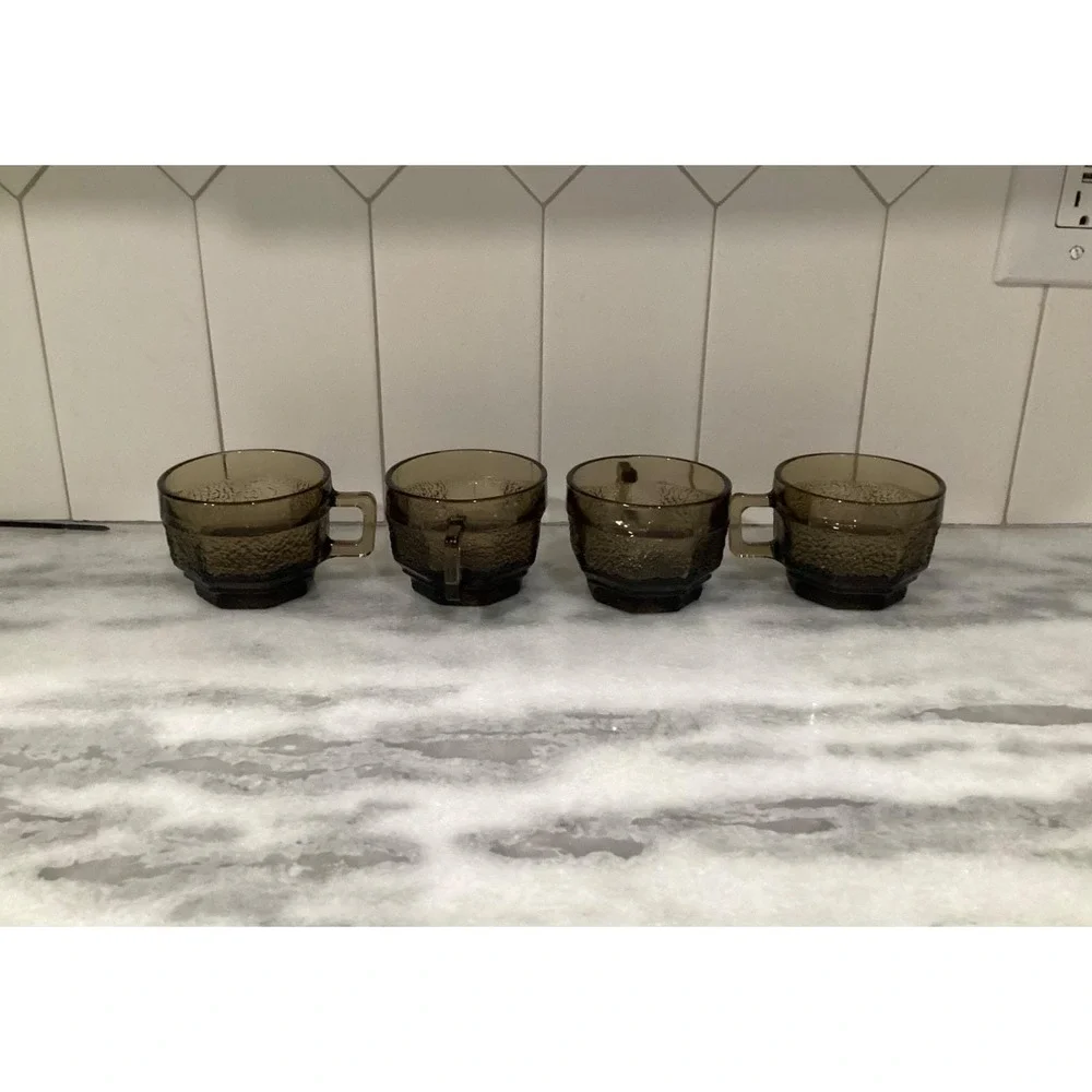 Vintage Anchor Hocking‎ Brown Octagon Textured Cups Set of 4
